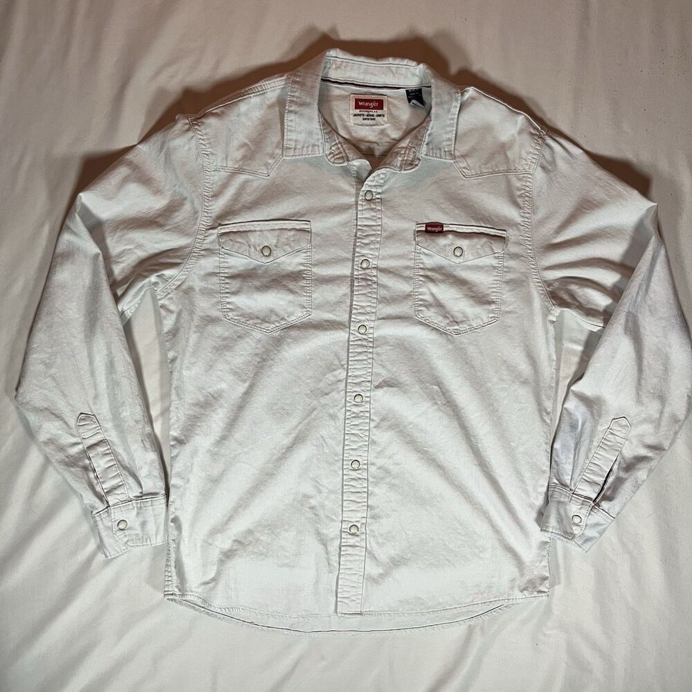 Wrangler Mens M Medium Cream Pearl Snap Western Shirt Long Sleeve Off White